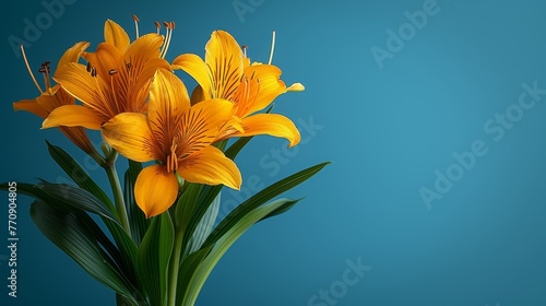   A blue table holds a vase with yellow flowers  adjacent is a white vase filled with green leaves