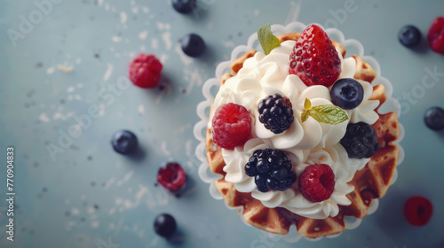 Dessert in the shape of a rectangular waffle, topped with whipped cream and forest fruits. © Mikołaj Rychter