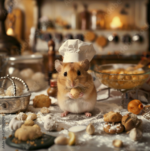 In a bustling kitchen, a miniature chef hat sits atop the head of a hamster as it expertly rolls dough for tiny cookies, surrounded by ingredients scattered across the countertop © Kholoud
