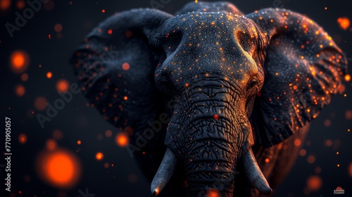  A tight shot of an elephant's face against an indistinct backdrop of orange and red circles