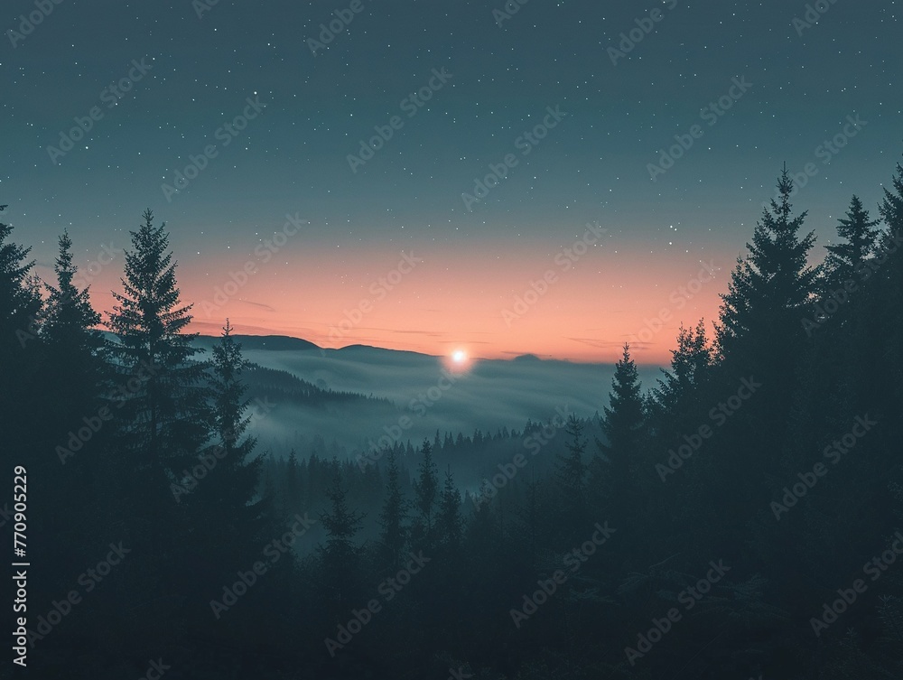 Twilight hues, abstract forest silhouette, low angle, dreamy atmosphere for night wallpaper , cinematic