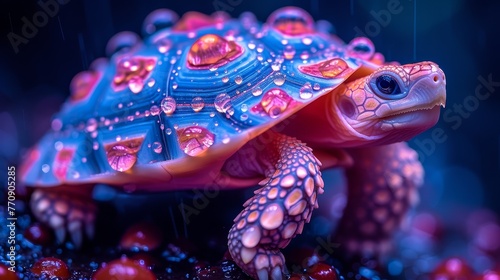   A tight shot of a tortoise atop red and blue balls, surrounded by water droplets on its scalloped shell © Wall