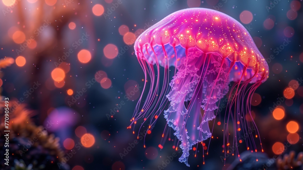   A tight shot of a jellyfish hovering above water, surrounded by numerous lights in the background - obrazy, fototapety, plakaty 
