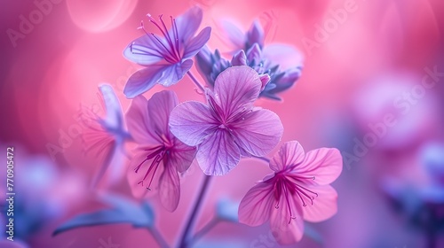   A tight shot of a flower bouquet with a hazy backdrop of pink and blue blossoms