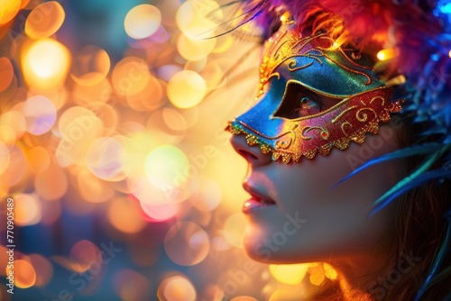 A woman's profile is adorned with a vibrant, feathered carnival mask © Igor