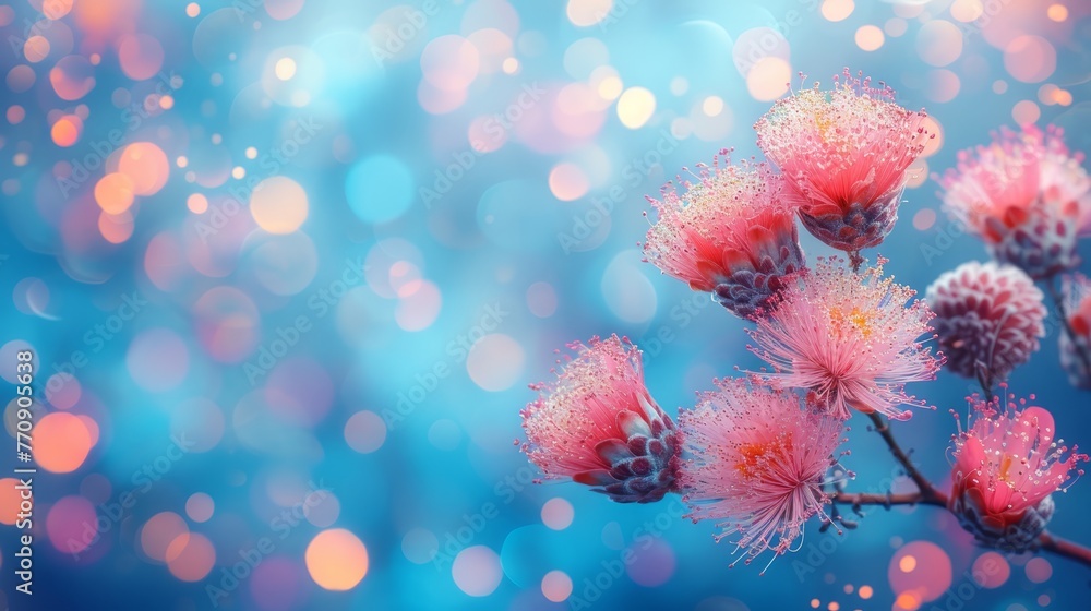   A tight shot of a pink blossom on a branch, adorned with water beads on its petals and softly blurred lights in the backdrop