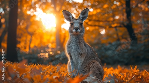  A kangaroo resting in a forest, sun illuminating tree tops and underbrush