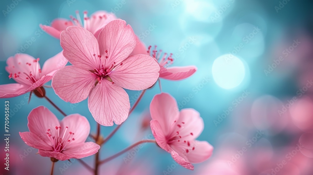   A tight shot of a pink bloom against a backdrop of blue and pink Background features softly focused lights