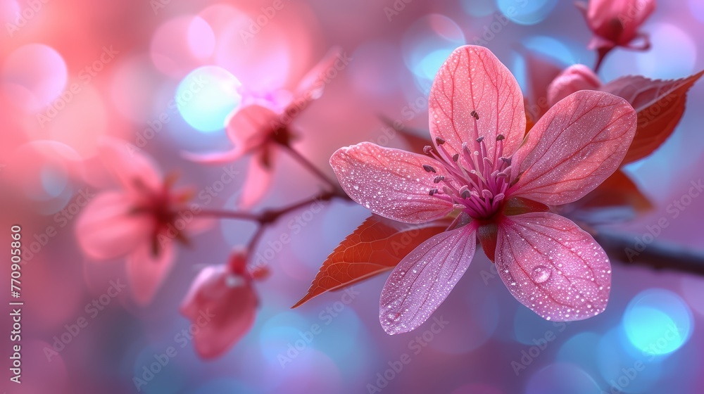   A pink flower, tightly framed, on a branch bearing water droplets Background softly blurred