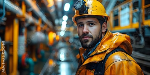Oil worker in safety gear on an offshore oil rig working to extract oil Highrisk job with lucrative rewards. Concept Oil work safety, Offshore rig, High-risk job, Lucrative rewards, Extracting oil photo