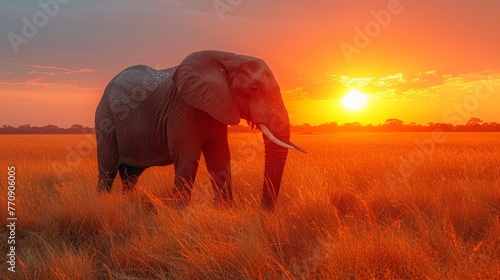  An elephant stands in a field as the sun sets, casting long shadows behind it Clouds paint the sky with hues of pink and orange