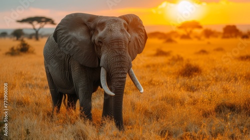  An elephant in a grassy field, sun setting behind, tree in foreground