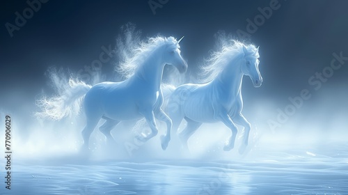  White horses gallop over tranquil waters, surrounded by a blue sky dotted with fluffy clouds