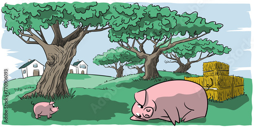 Pig and her little pig resting in the field of a pasture in the town under the trees on a clear summer day, very happy with animal welfare