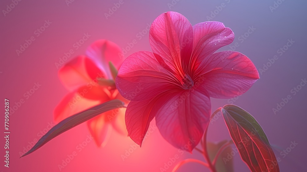   A flower in focus against a pink and blue backdrop, with a softly blurred flower image behind
