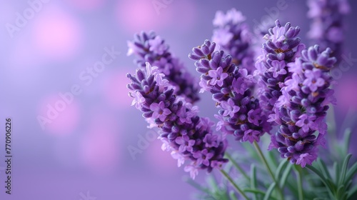  A tight shot of lavender blooms in a vase, tabletop-set against softly blurred background lights © Wall