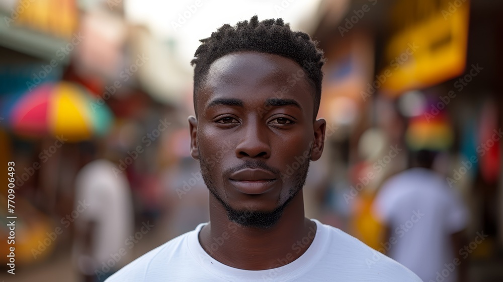 A man in a white T-shirt stands before a city street crowd A man in a white T-shirt stands before a city street crowd