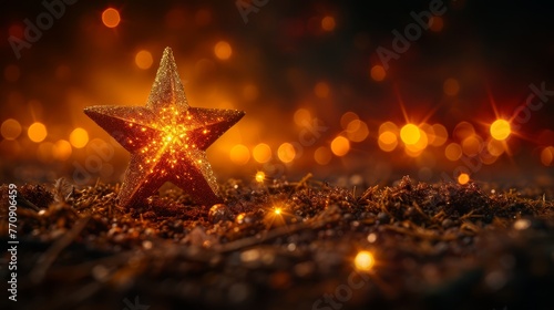  A golden star atop a mound of dirt next to a yellow and red string of lights