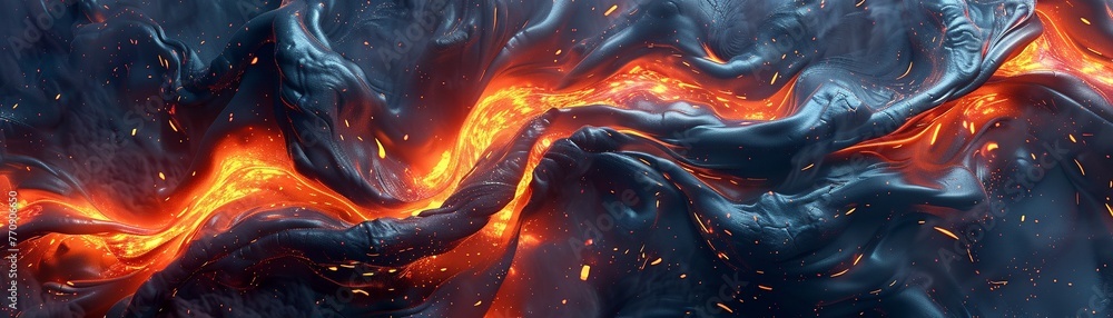 Volcanic lava, abstract flow, wide view, fiery reds for a dynamic background , 3D render