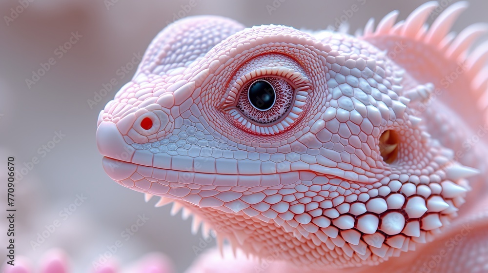 Obraz premium A tight shot of a lizard's head displays a red-and-white banded eyestrip