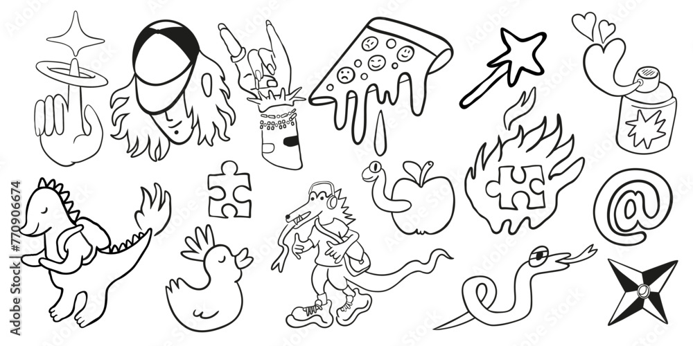 set of doodle icons elements in vector.teenage subcultural objects.line art for stickers, print, app, design, web site, label, poster, postcard