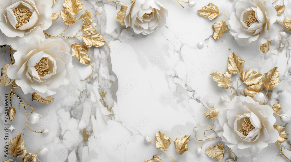 Fototapeta premium Intricate golden flowers patterned on pristine white marble, capturing elegance. Generative AI