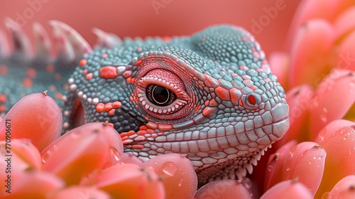  A tight shot of a lizard's head before a plant bearing pink blossoms in the foreground, surrounded by a pink backdrop