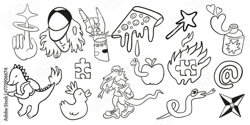 set of doodle icons elements in vector.teenage subcultural objects.line art for stickers  print  app  design  web site  label  poster  postcard
