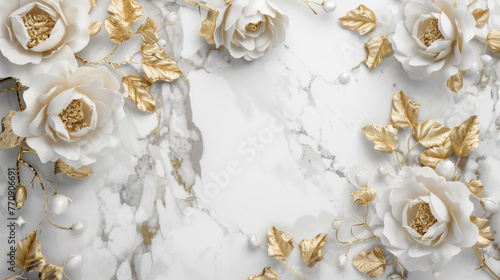 Intricate golden flowers patterned on pristine white marble, capturing elegance. Generative AI