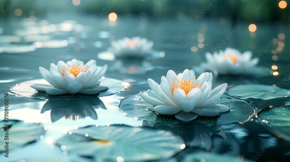 A collection of white water lilies atop a body of water, with underlying lily pads A collection of white water lilies atop a body of water, with underlying lily pads