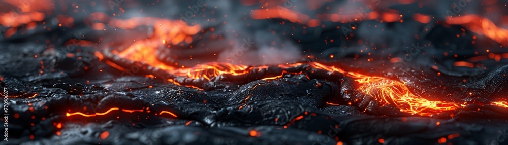 Volcanic lava, abstract flow, wide view, fiery reds for a dynamic background , 3D render - obrazy, fototapety, plakaty 