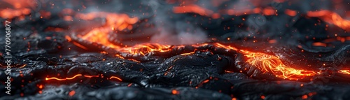 Volcanic lava, abstract flow, wide view, fiery reds for a dynamic background , 3D render photo