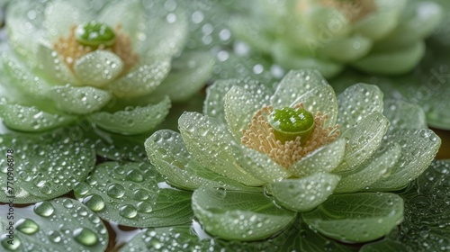  A tight shot of a water lily bloom, with pearls of water on its petals and overhead on the leaves