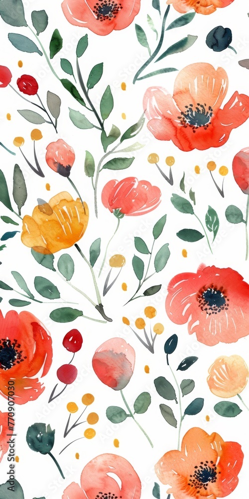 Warm Watercolour Flowers in Spring Pattern l Beautiful Floral Summer colour design art wallpaper l Cute Simple Flower with leaf in white background l Vintage drawing set