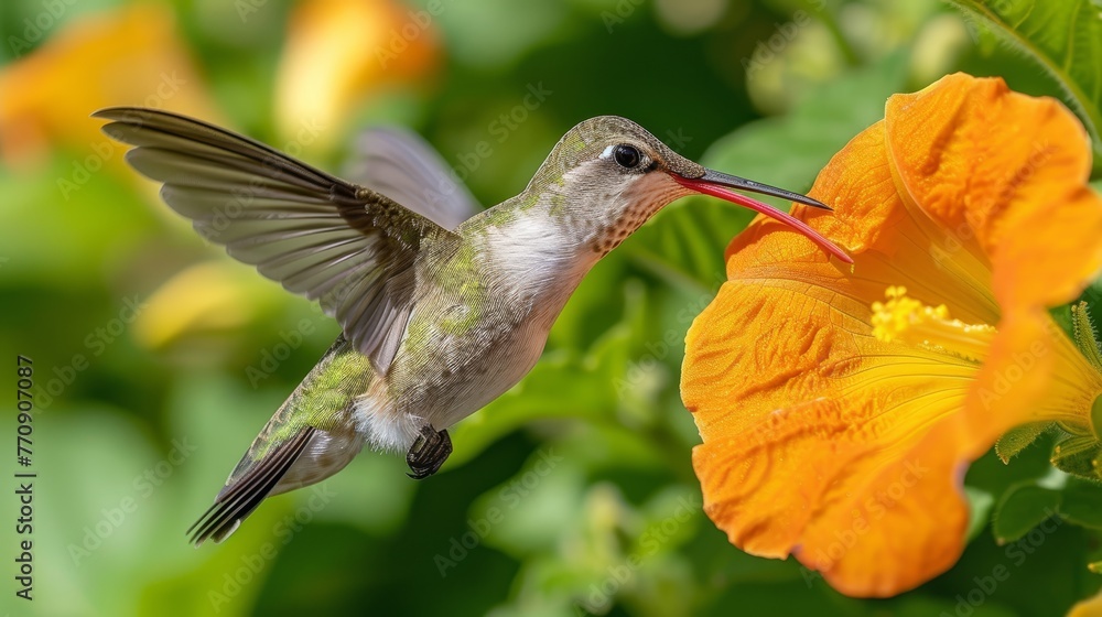 Fototapeta premium A hummingbird hovers near a flower, with its beak inserted for feeding, as it lands