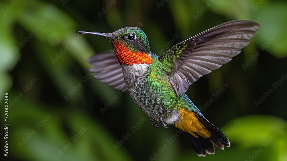 Fototapeta premium A hummingbird, vibrantly colored, flaps wings in front of a backdrop of lush, green foliage Another bird emerges in the foreground, wings expanded