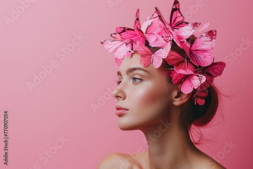 Art portrait of a girl with pink butterflies in her hair on a studio pink background with copy space