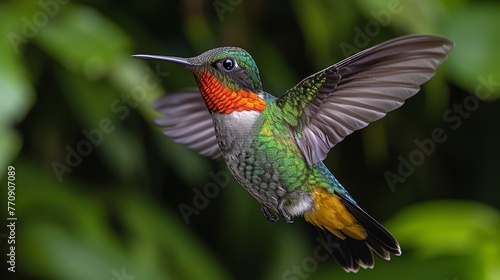  A hummingbird, vibrantly colored, flaps wings in front of a backdrop of lush, green foliage Another bird emerges in the foreground, wings expanded