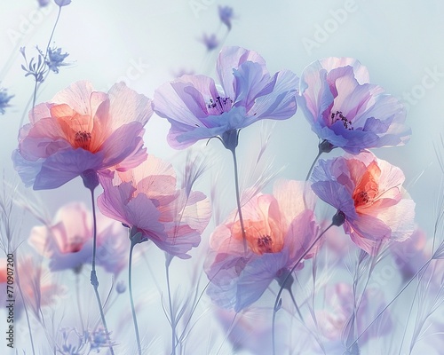 Whimsical wind, abstract floral motion, gentle camera sway, pastels for a light background , vibrant