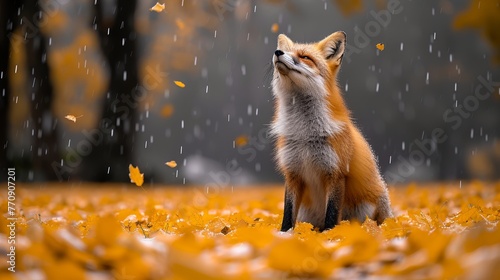   A red fox sits in the middle of a field of leaves with its eyes closed © Wall