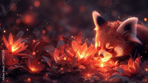   A small red fox lies atop a lush, green field adjacent to a forest blooming with numerous orange flowers © Wall