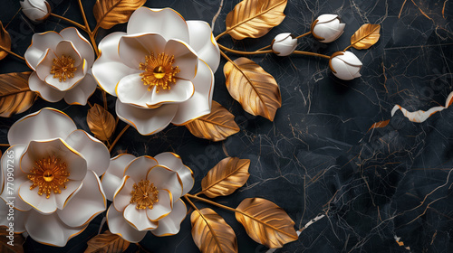 Gorgeous jewelry, rose petals, and luxurious silk background print with a golden blossom are all featured in this 3D wallpaper. Golden flowers. Generative AI