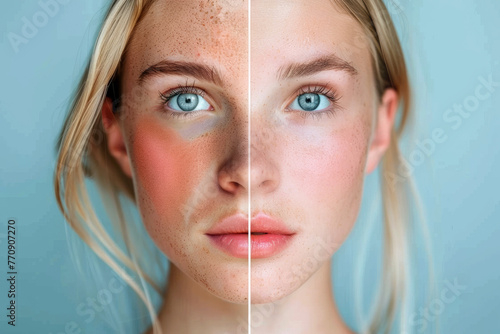 One girl with acne and with good skin. Split-face image showing one side with a clear complexion and the other with rosacea, pigmentation, and aging signs.