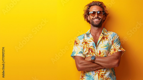 Smiling man in vibrant Hawaiian shirt embodies the essence of a relaxing vacation, radiating joy and tropical charm.