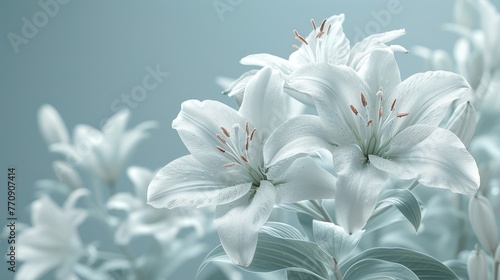  A group of white flowers against a blue and white backdrop, with a softly blurred flower image in the background