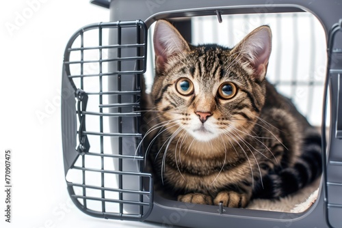 cat sits inside a pet carrier, looking out with a calm and curious expression, against a clean white background