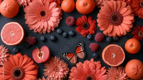 Oranges, blueberries, raspberries, and a butterfly are arranged on a black surface Surrounding them are flowers and fruits