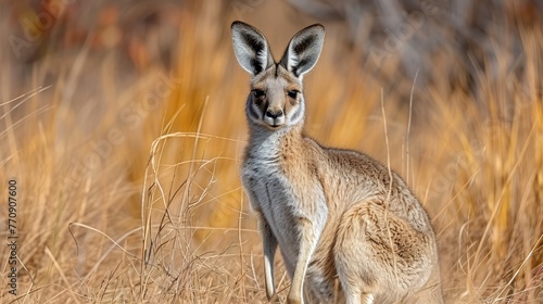   A tight shot of a kangaroo in a field of yellowed grasses Foreground features tall blades  while background softly blurs