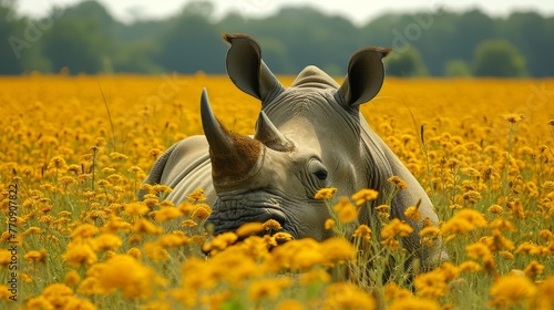  A rhino grazes in a yellow dandelion field, amidst green grass and background trees