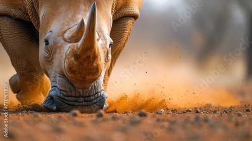  A tight shot of a rhino's face as it grazes nearby, dirt speckling the ground beneath